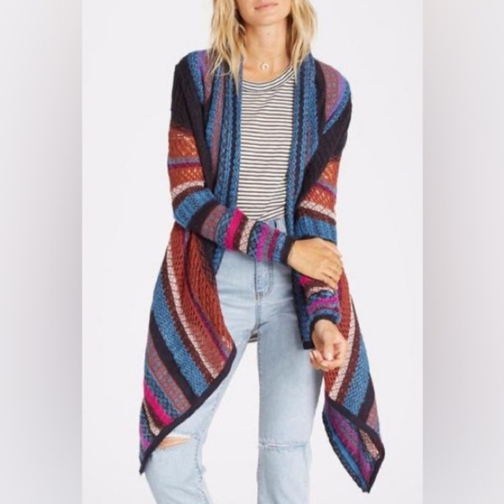 Billabong Sweater Cardigan Long Colorful Open Front Knit Boho Women Size Medium